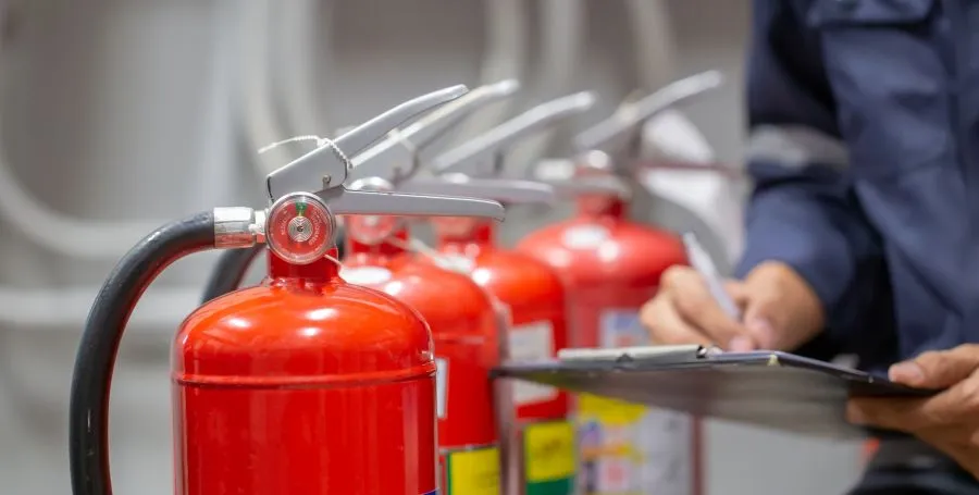 Person mit Klemmbrett kontrolliert mehrere Feuerlöscher.