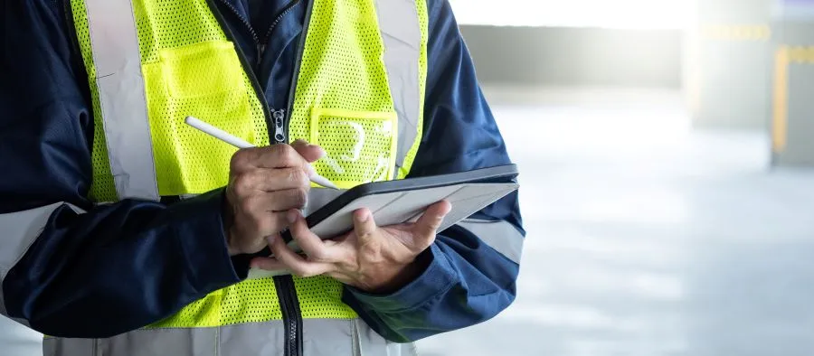 Mann mit Checkliste und Sicherheitsweise
